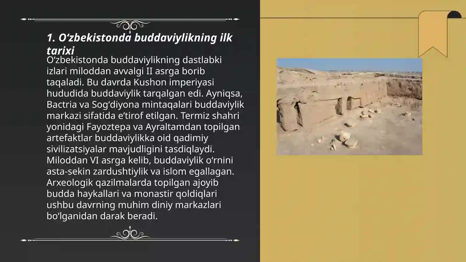 Oʻzbekistonda buddaviylik dinining tarixiy ildizlari(Qaratepa,Fayoztepa,Dalvarzintepa) va hozirgi zamon 3