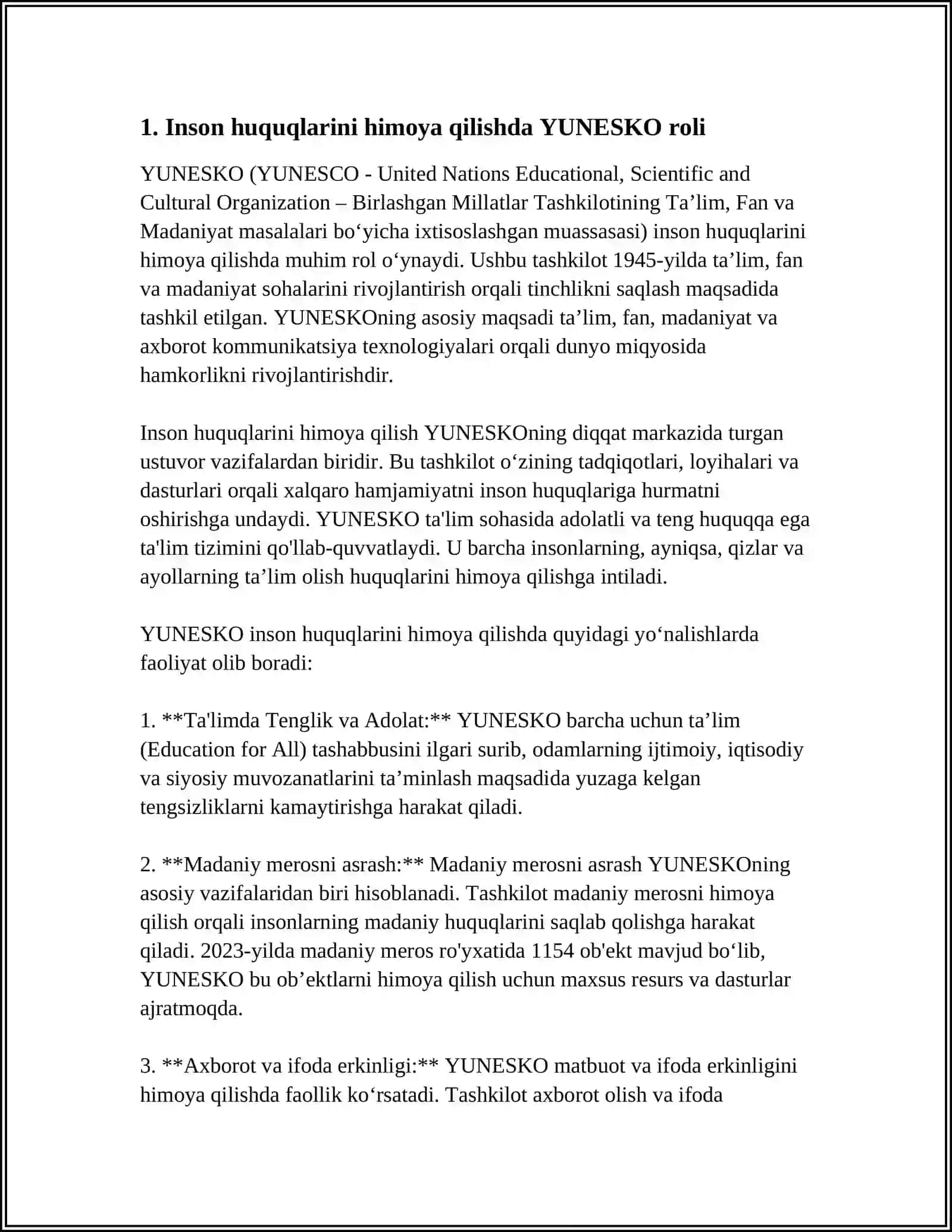 YUNESKO TASHKILOTI. INSON HUQUQLARINI HIMOYA QILISHNING XALQARO MEXANIZMI 3