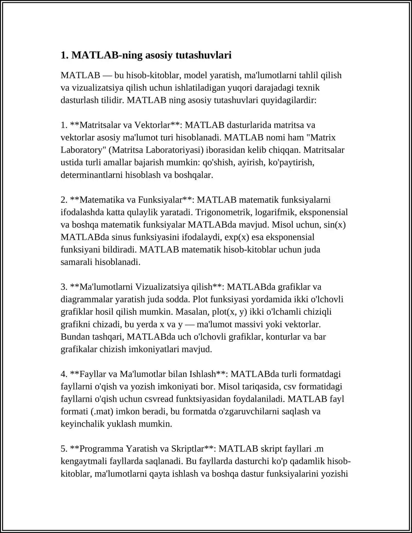 MUSTAQIL ISH Mavzu: MATLAB ILOVASIDA DASTURLASHNI QÒLLASH 3