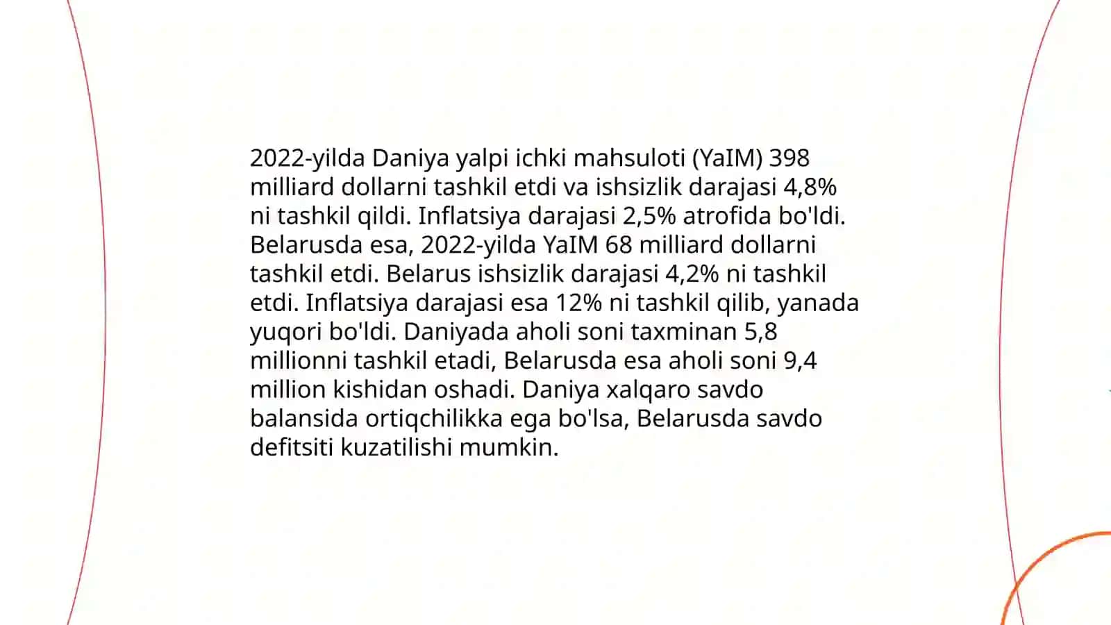 Daniya Belarus Bangladesh Oʻzbekiston Makroiqtisodiy vaziyatini songi 5 yilligini bir biri bilan taqqoslash 3