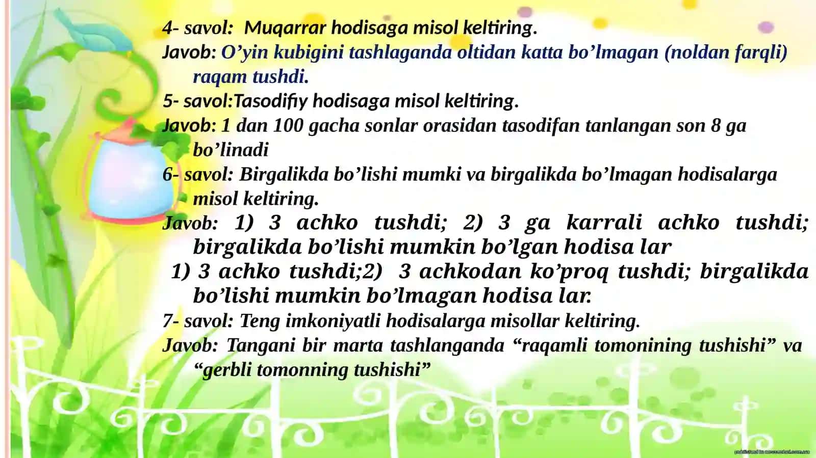 9-sinf Algebra fanidan Hodisaning ehtimolligi mavzusida ochiq dars ishlanma 3