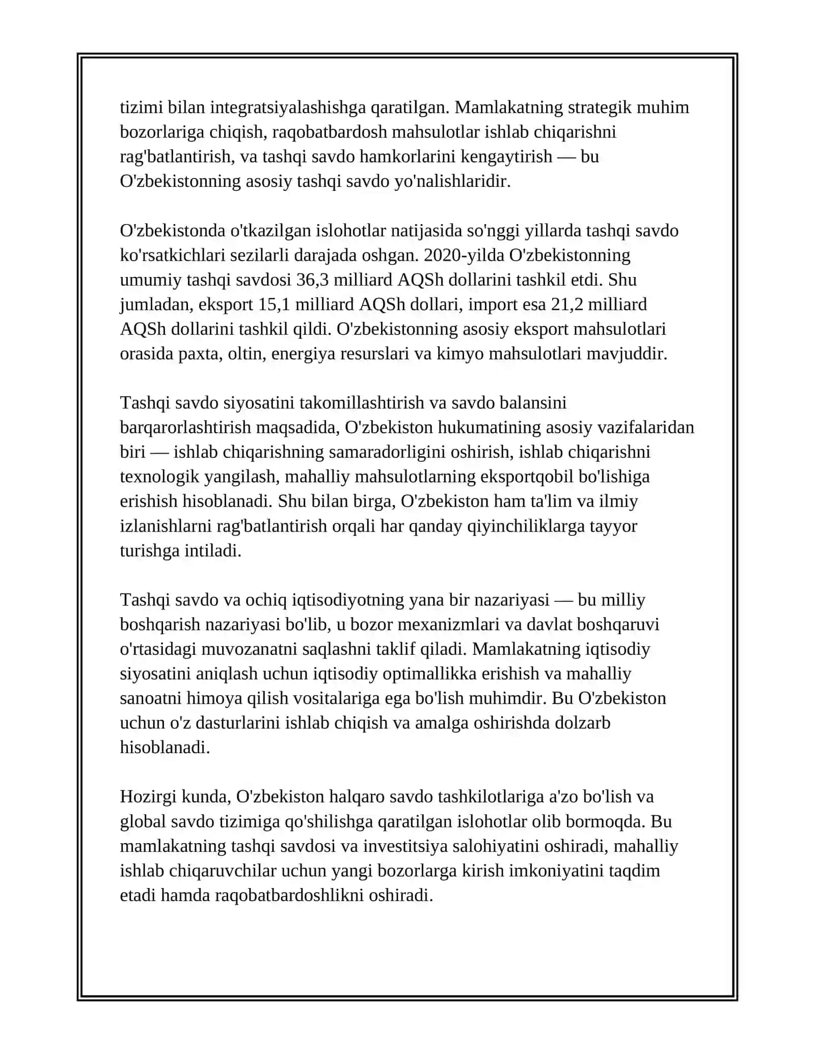 TASHQI SAVDO VA OCHIQ IQTISODIYOT. O'ZBEKISTON SAVDO BALANSINING TAHLILI 3