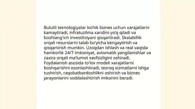 Kichik biznesda Bulutli texnologiyalarning oʻrni 3