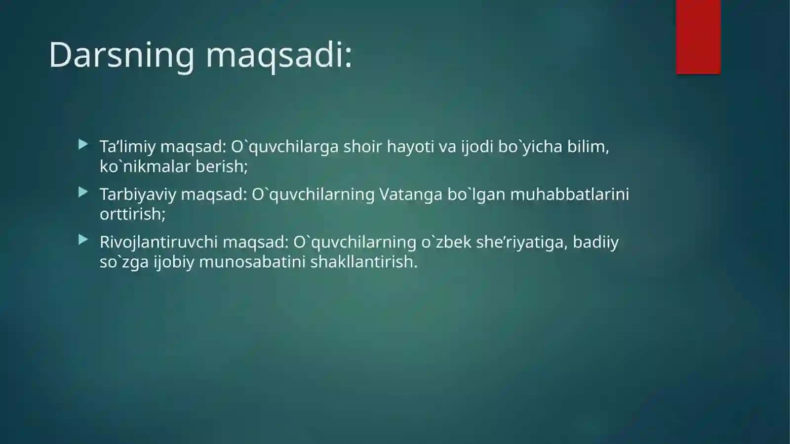 ONA TILI VA ADABIYOT FANI O`QITUVCHISI RA’NOXON IBROHIMJONOVNA MAMADALIYEVANING 8-SINFLARDA MUHAMMAD YUSUF HAYOTI VA IJODINI O`RGANISH BO`YICHA “ENG YAXSHI DARS ISHLANMA” TANLOVIGA TAYYORLANGAN DARS ISHLANMASI 3