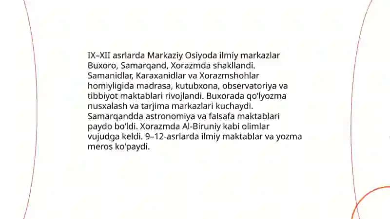 IX XII asrlarda markaziy Osiyoda ilm fan va qoʻlyozma kitobotchilik ishining rivojlanishi 3