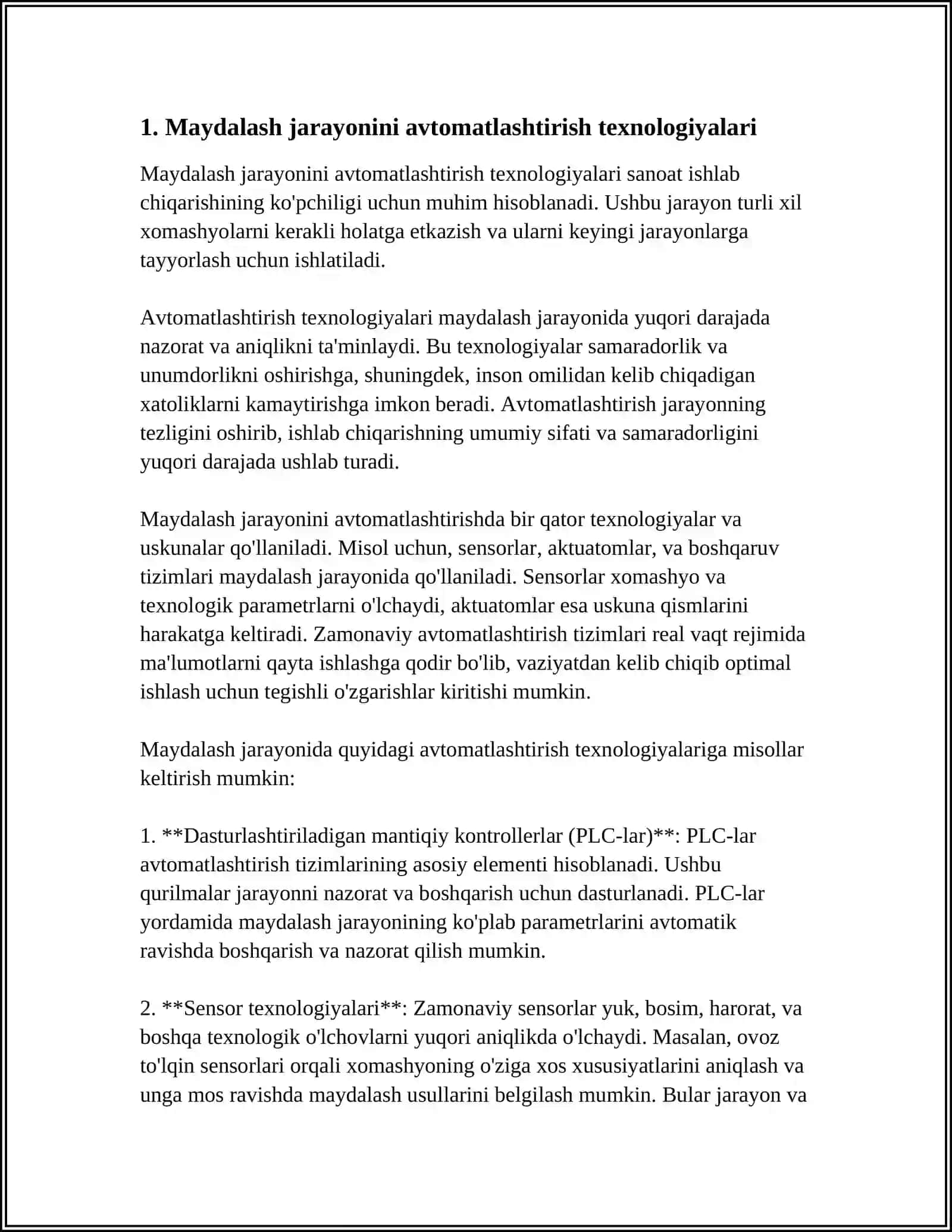 QATTIQ MATERIALLARINI MAYDALASH JARAYONINI AVTOMATLASHTIRISH 3