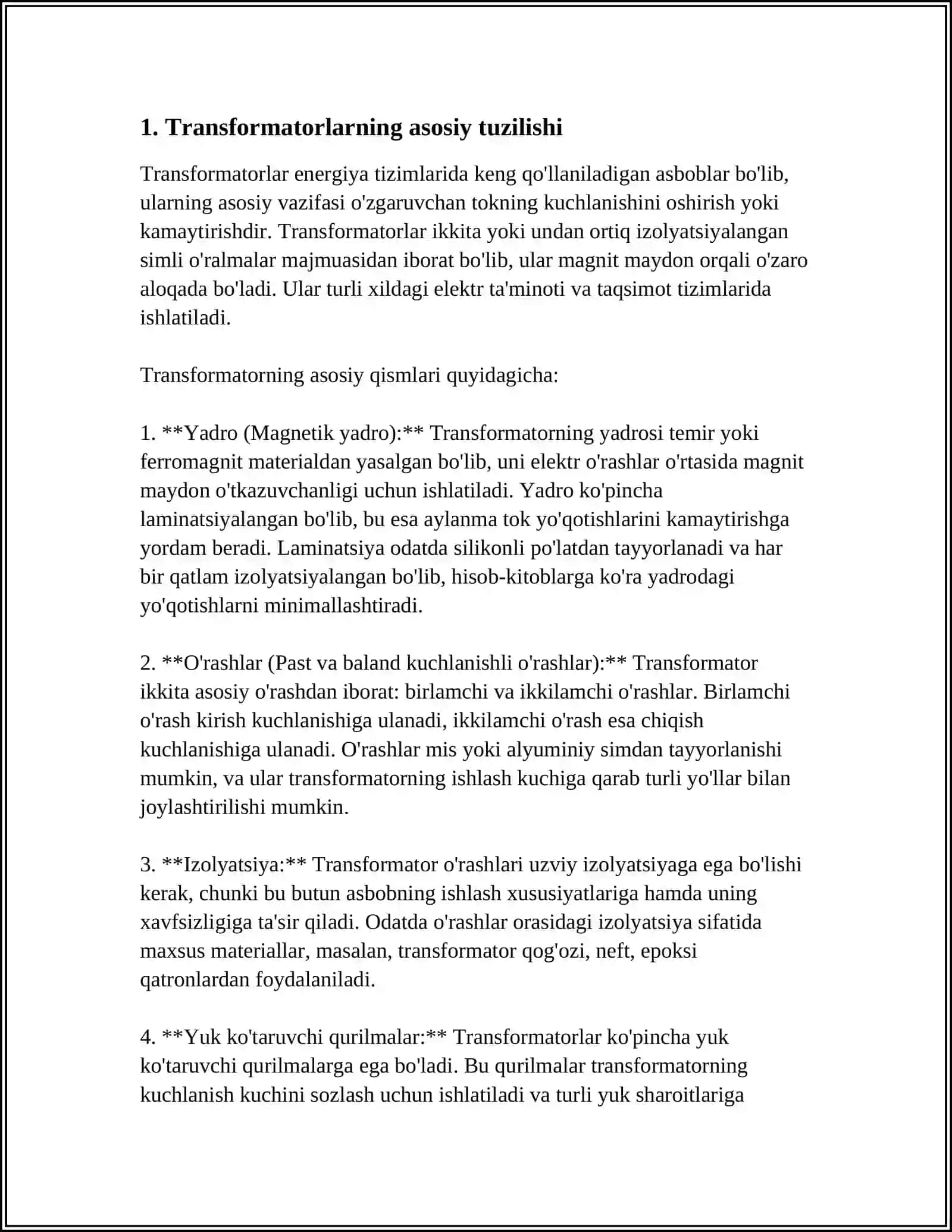 PAYVANDLASH TRANSFORMATORLARINI TUZILISHI. SANOAT CHASTOTASI INDUKSION QIZDIRGICHNI XISOBI 3