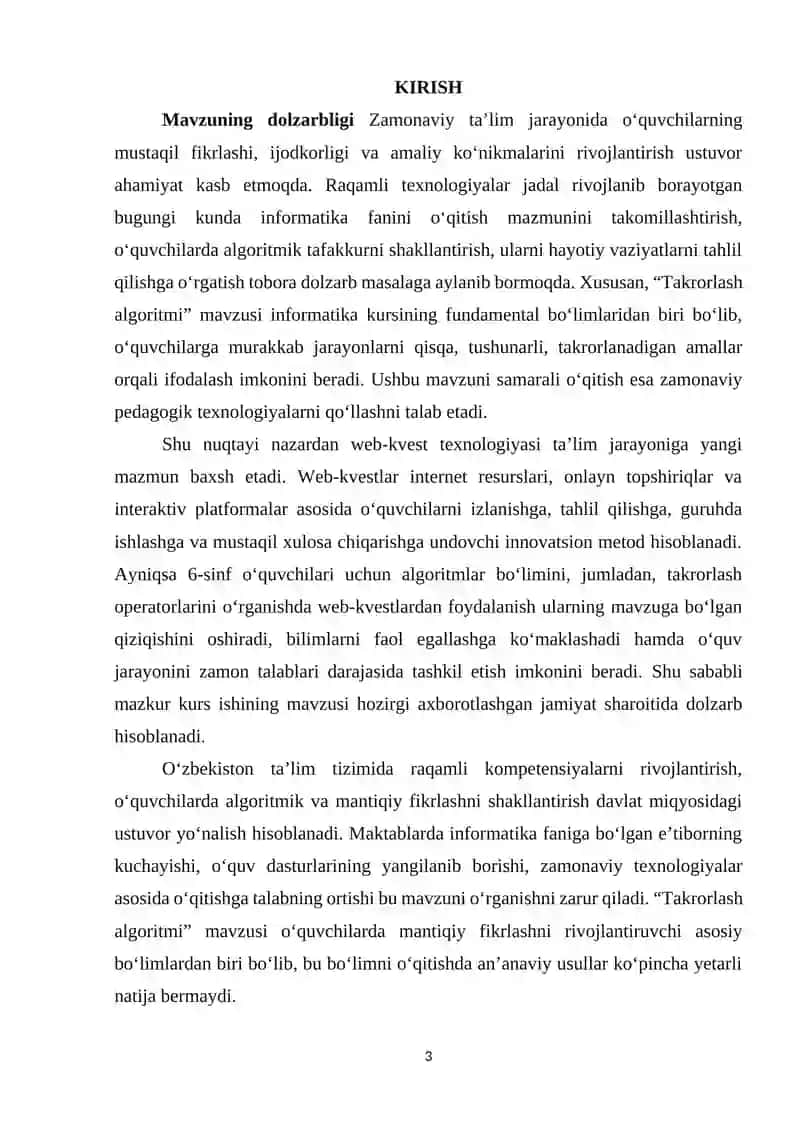 Umumiy o’rta talim maktablarining 6-sinfida Informatika va AT fanidan “Takrorlash algoritmi” mavzusini o‘qitishda web-kvestlardan foydalanish 3
