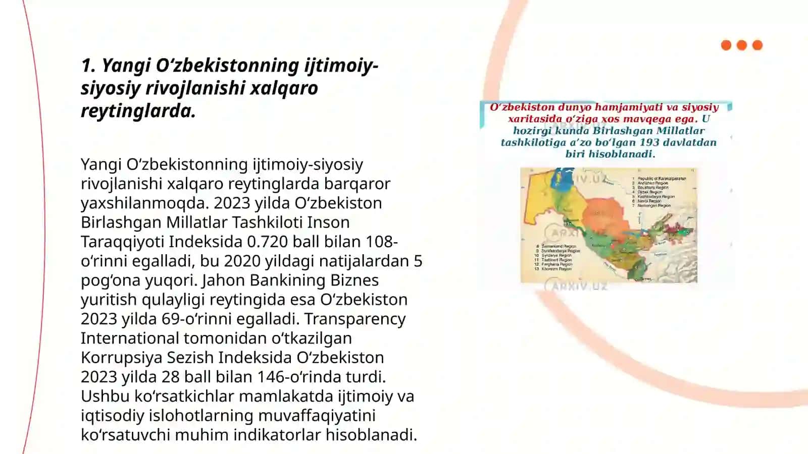 Yangi O‘zbekiston ijtimoiy-siyosiy, iqtisodiy va madaniy hayotida roʻy berayotgan oʻzgarishlarning xalqaro reyting va indekslarda aks etishi 3