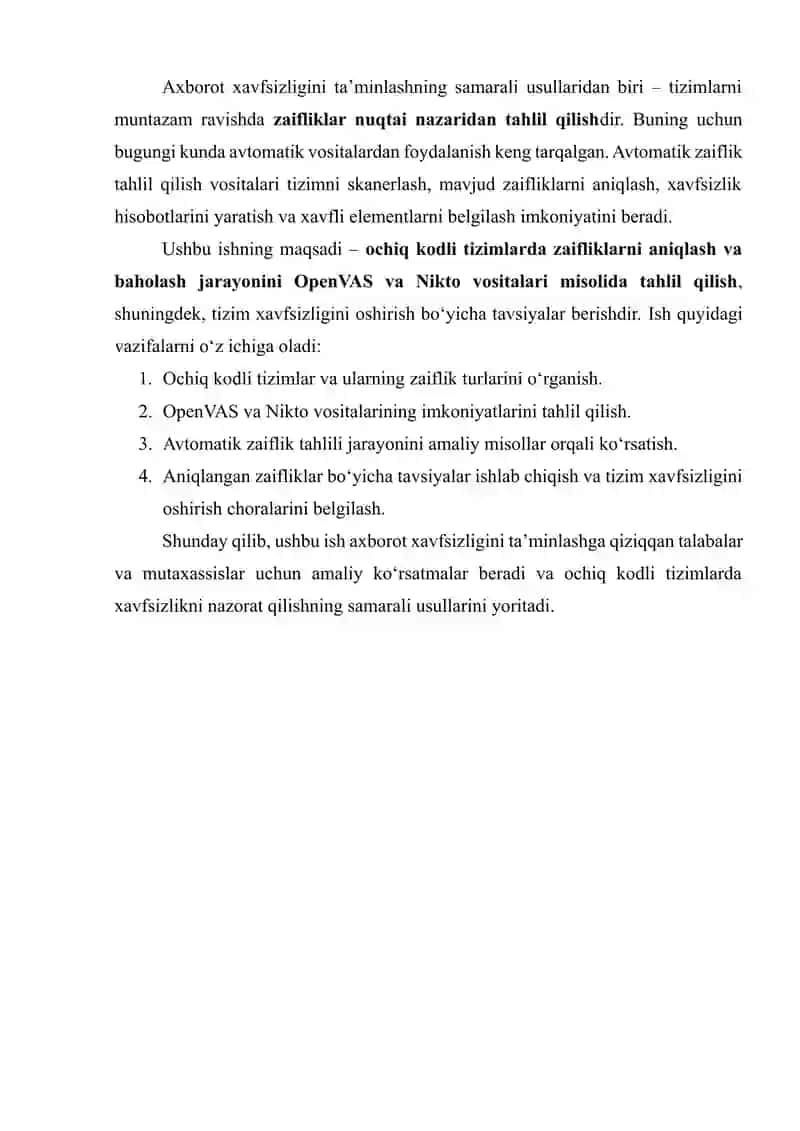 OCHIQ KODLIY TIZIMLARDA ZAIFLIKLARNI AVTOMATIK TAHLIL QILISH VOSITALARI (OPENVAS, NIKTO) 3