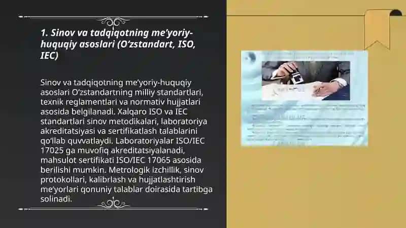 Sinov va tadqiqotning meʼyoriy-huquqiy asoslari (O‘zstandart, ISO, IEC) 3