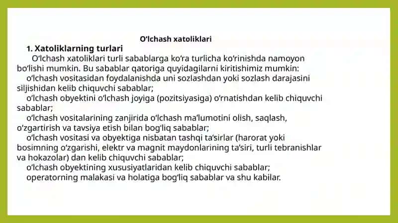 o’lchashlar va ularning xatoliklari. xatoliklarning turlari.o’lchash vositalarining sinflanishi 3