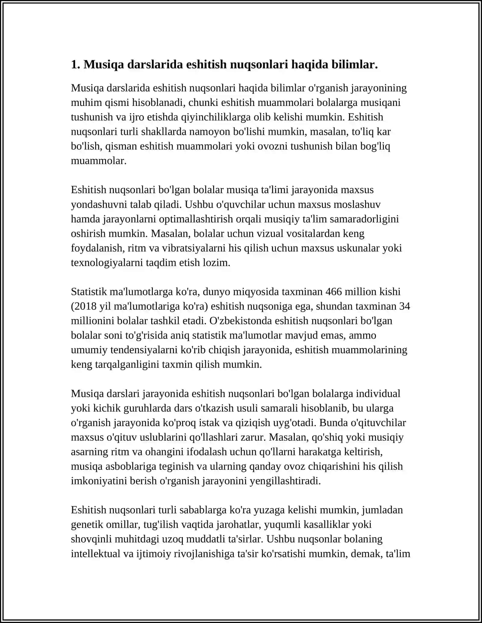 MUSIQA DARSLARIDA ESHITISHDA NUQSONI BO’LGAN VA ZAIF ESHITUVCHI BOLALAR BILAN ISHLASH METODIKALARI 3