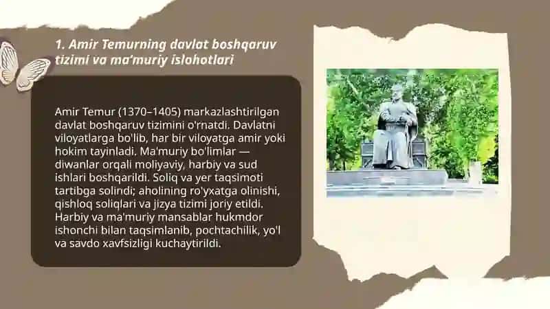 Amir Temurning davlat boshqaruv tizimi va maʼmuriy islohotlari 3
