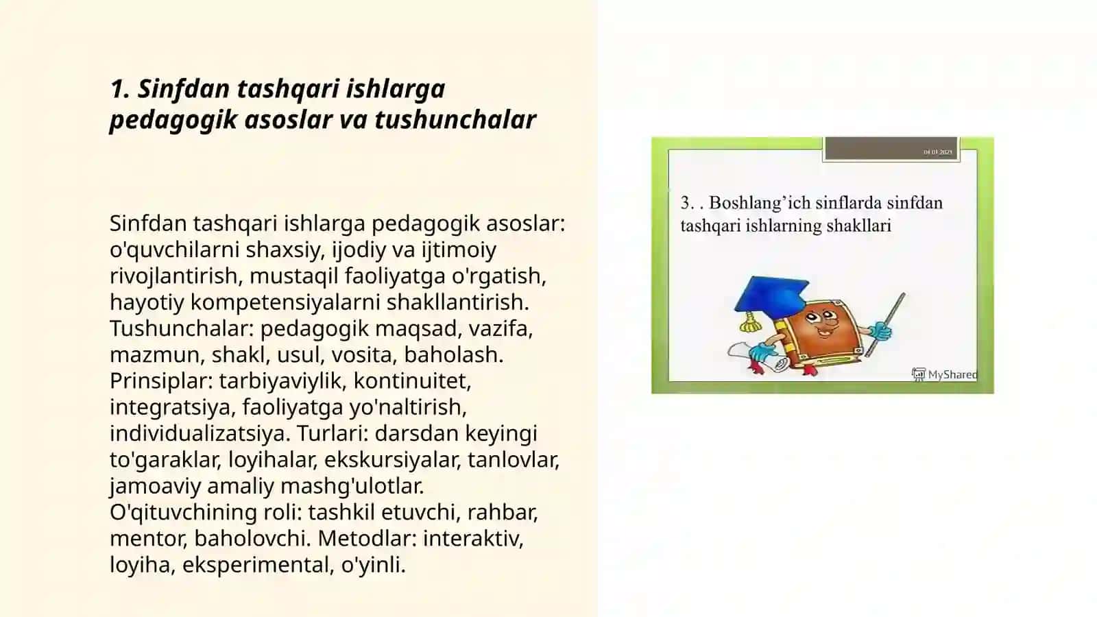 Sinfdan tashqari ishlarni tashkil qilish va o'tkazish metodikasi fani - o'quv fan sifatida 3