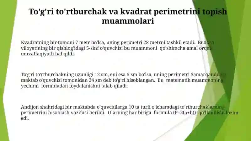 To'g'ri to'rtburchak va kvadratning perimetri topishga doir masalalar yechishga o'rgatish 3