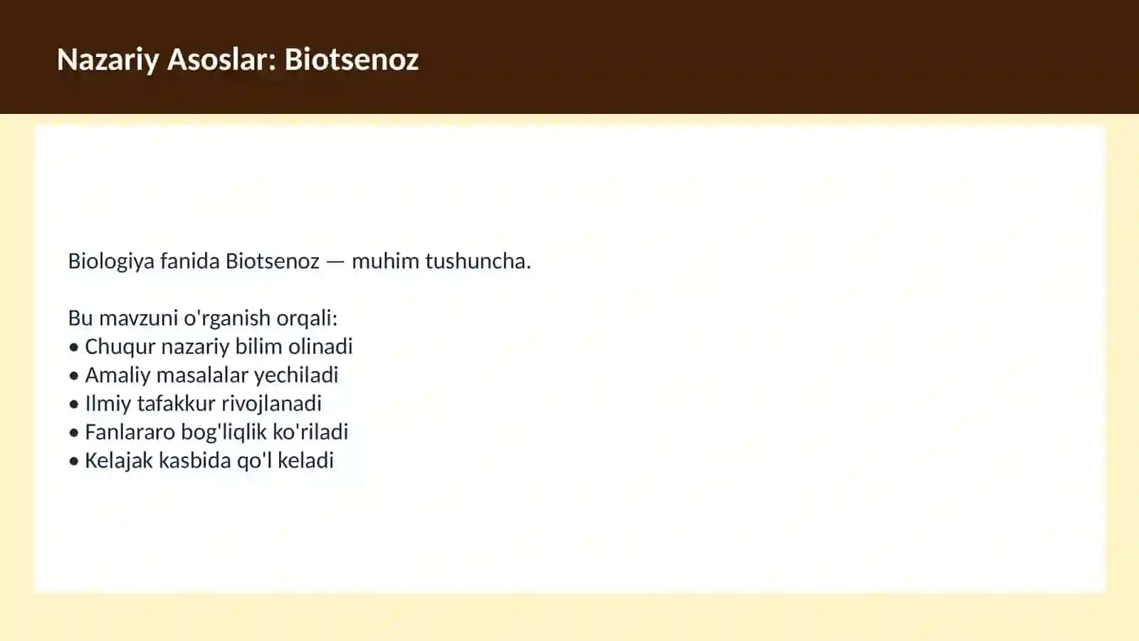 BIOLOGIYA Ekologiya O'qituvchilar va talabalar uchun dars ishlanma Fayl #001908 | Amber dizayn 3
