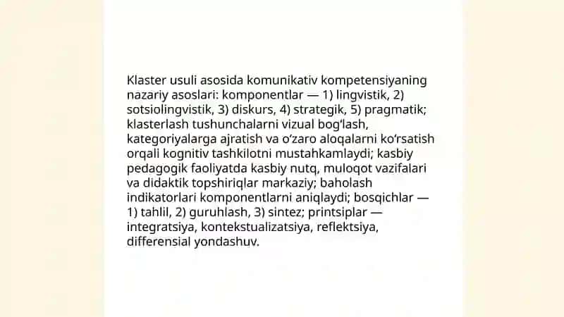 Kasbiy pedagokik faoliyatda komunikativ kompetensiyaning oʻrni mavzusini klaster usulida tasniflash 3