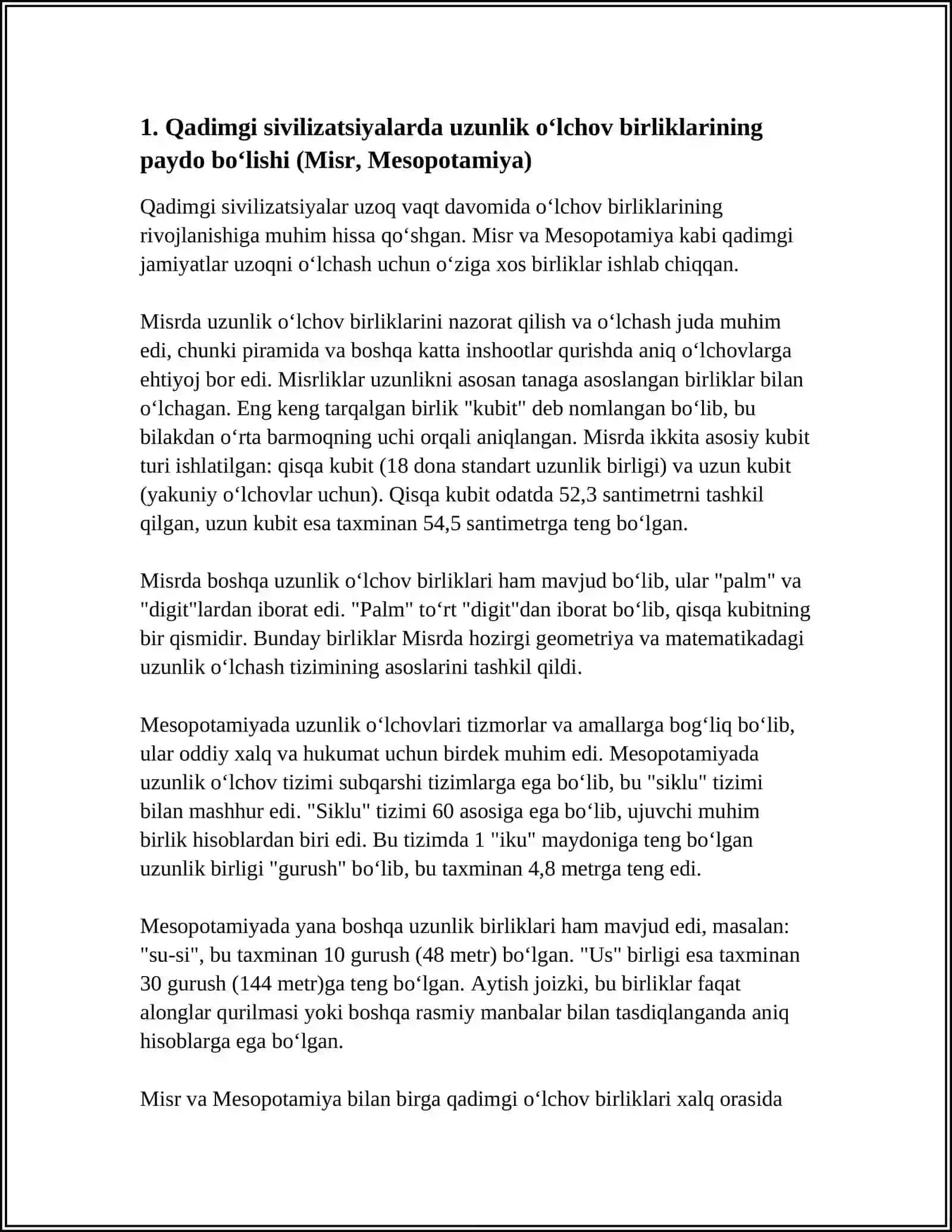 UZUNLIK VA YUZA O‘LCHOV BIRLIKLARI.MASSA VA SIG‘IM O‘LCHOV BIRLIKLARI VUJUDGA KELISH TARIXI HAQIDA MA‘LUMOT TO‘PLASH 3