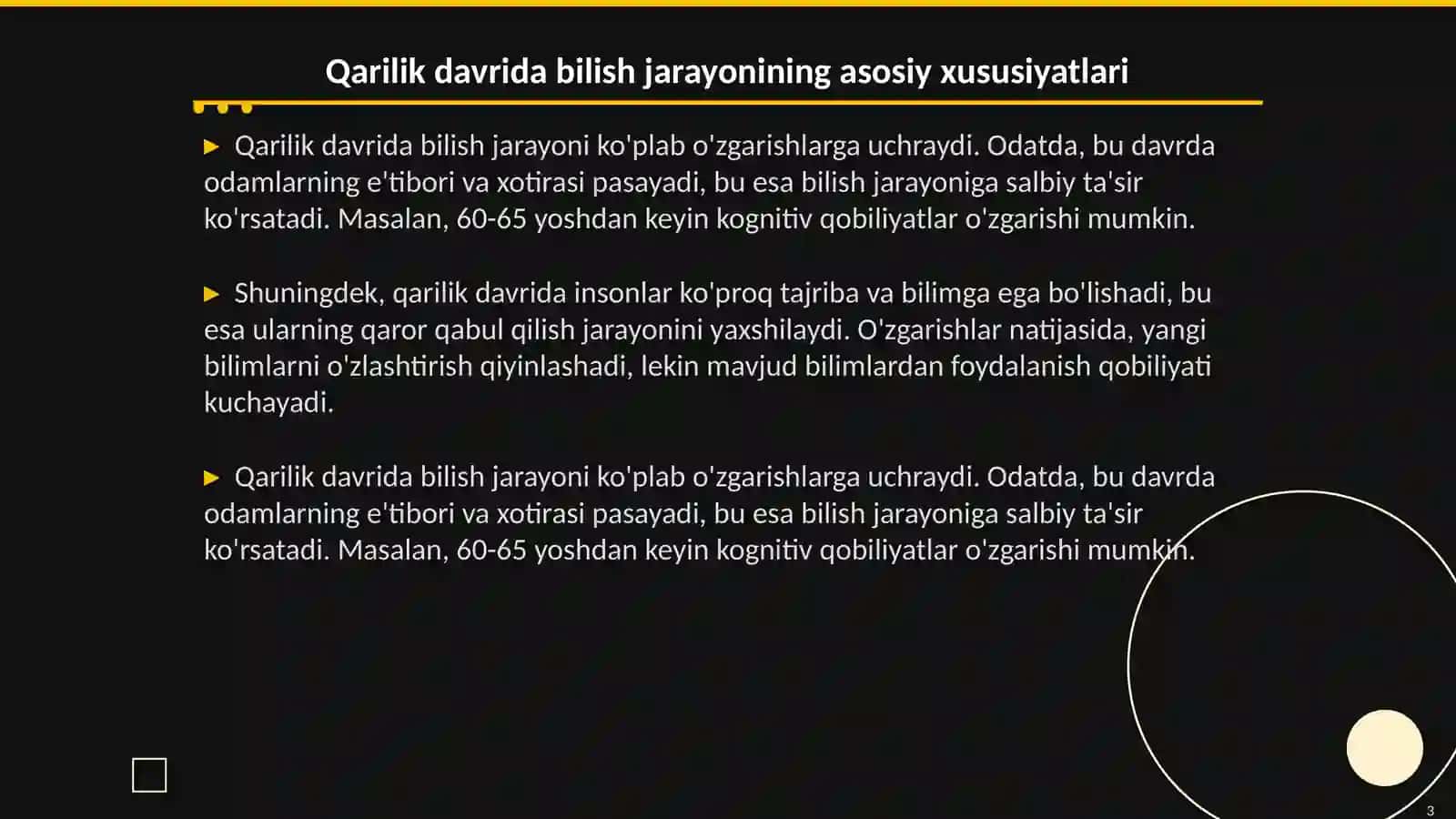 Qarilik davrida bilish jarayonidagi ôzgarishlar. Qarilik davri yosh inqirozlari 3