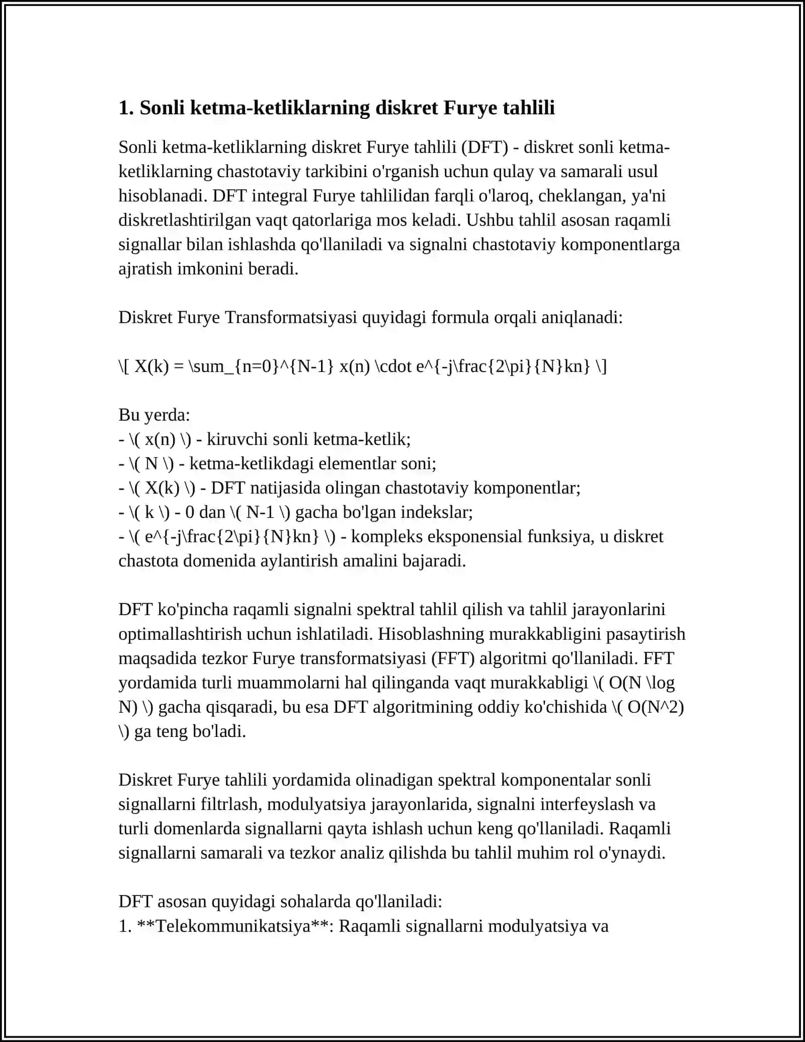 Sonli ketma-ketliklarning diskret Furye tahlili 3