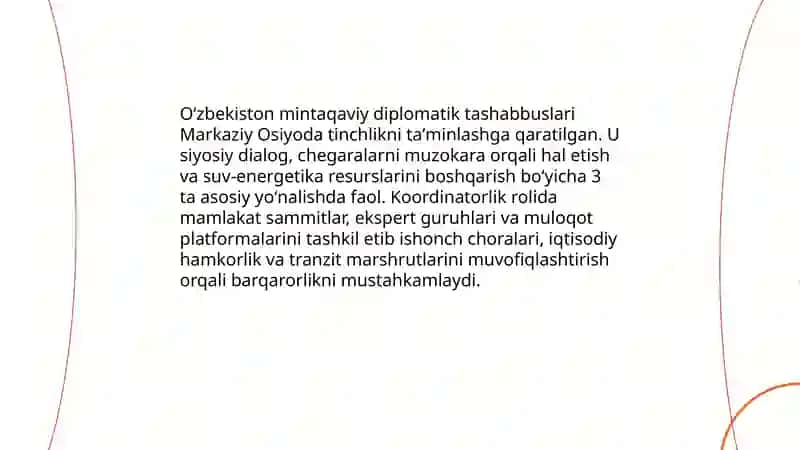 Oʻzbekiston ning Markaziy osiyoda tinchlik va barqarorlikni taʼminlashdagi oʼrni 3