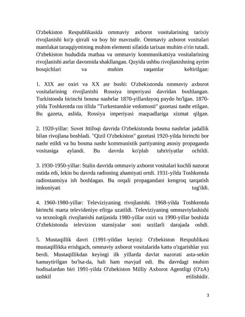 O'zbekiston Respublikasida Ommaviy Axbarot Vositalarining Tarixiy Rivojlanishi 3