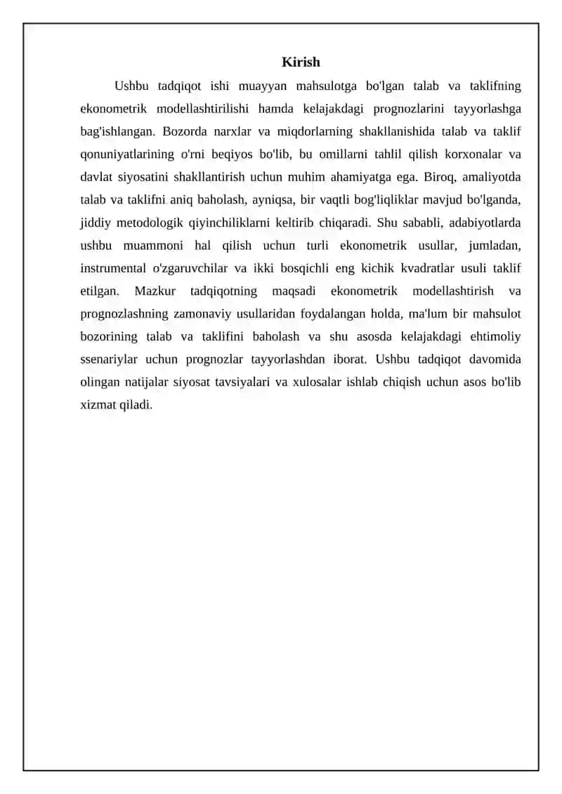 Mahsulotga bolgan talab va taklifning ekonometrik modelini va prognoz tayorlash 3