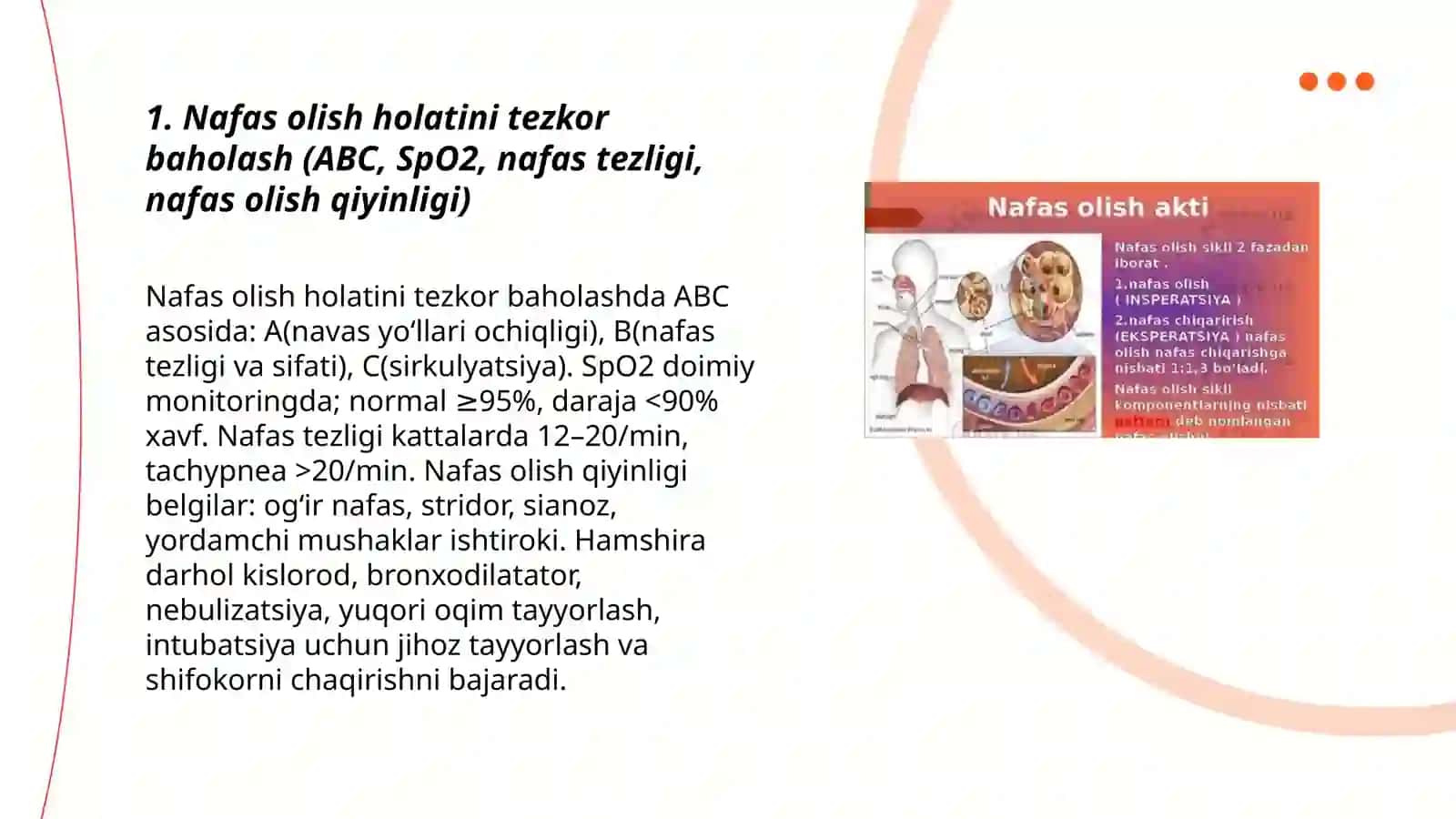 Nafas olish a'zolari kasalliklarida uchraydigan kechiktirib bo'lmaydigan holatlar (Bronxial astma xuruji qon tuflash o'pkadan qon ketish)da shoshilinch yordam ko'rsatishda hamshirani o'rni 3