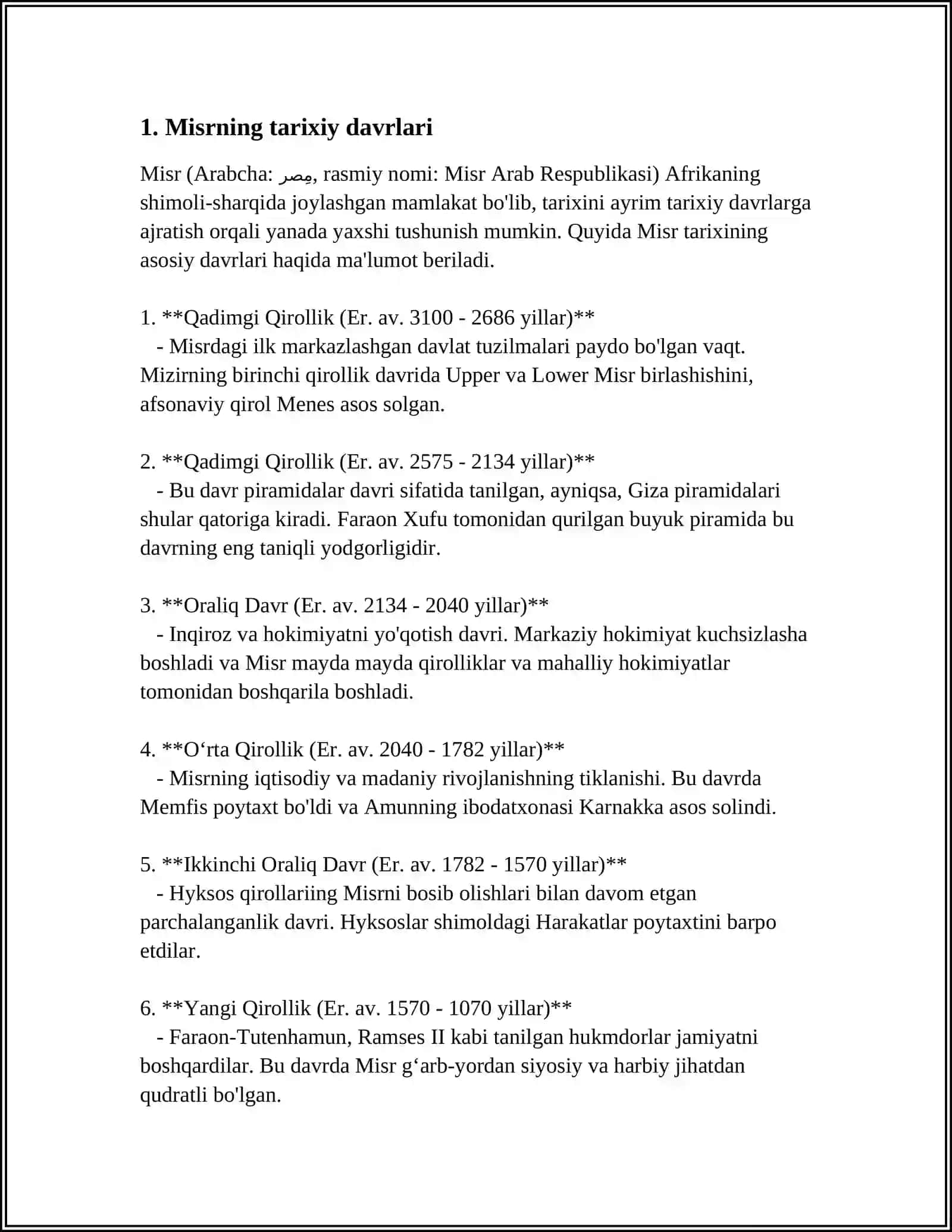 JAXON TARIXI VA GEOGRAFIYASI. QADIMGI SVILIZATSIYA. QADIMGI SHARQ TARIXI "MISR" 3