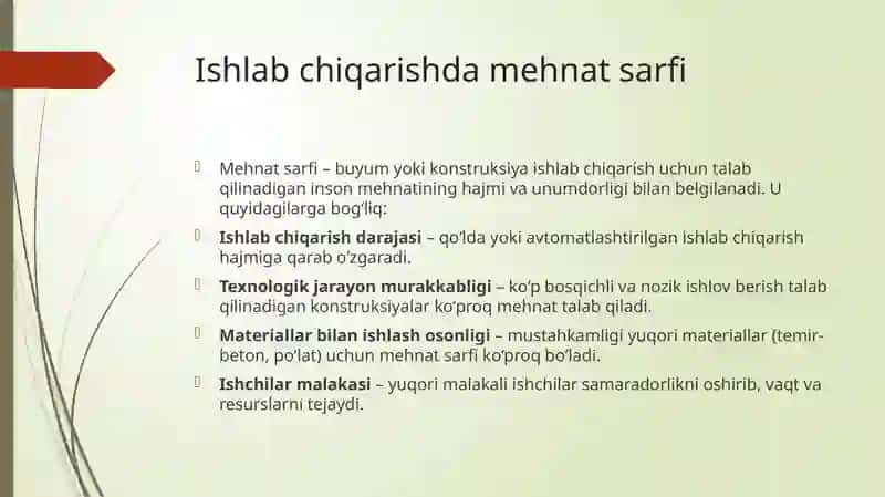 Buyum va konstruksiyaning texnologik komplekti.ishlab chiqarishda mehnat sarfi 3