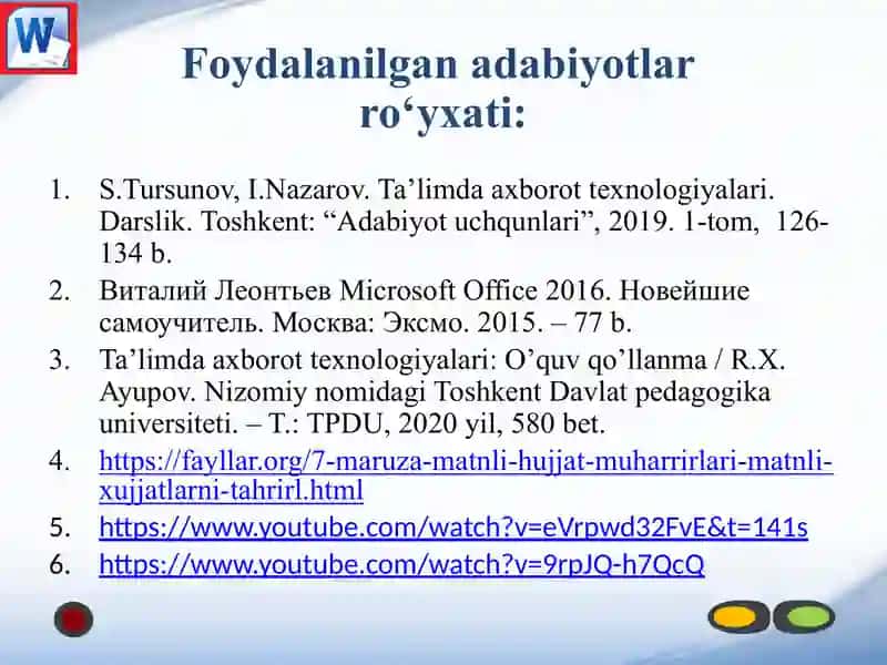 Matn muharrirlari, ularning vazifasi va imkoniyatlari, matnli axborotlarni qayta ishlash texnologiyalari 3