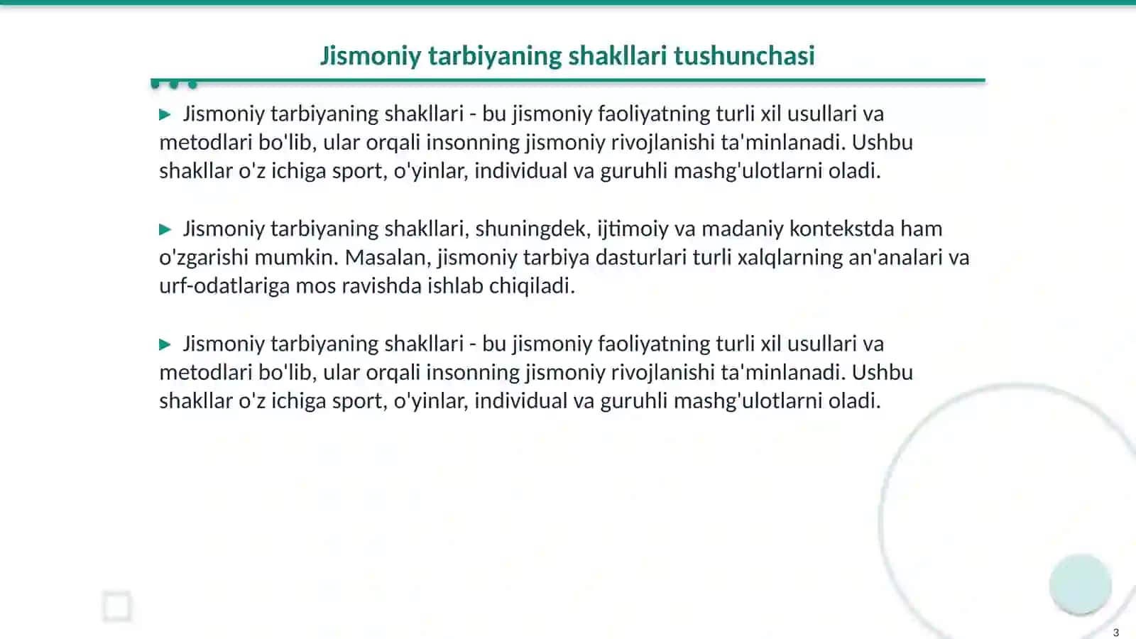 Jismoniy tarbiyaning qanday shakllari mavjud 3