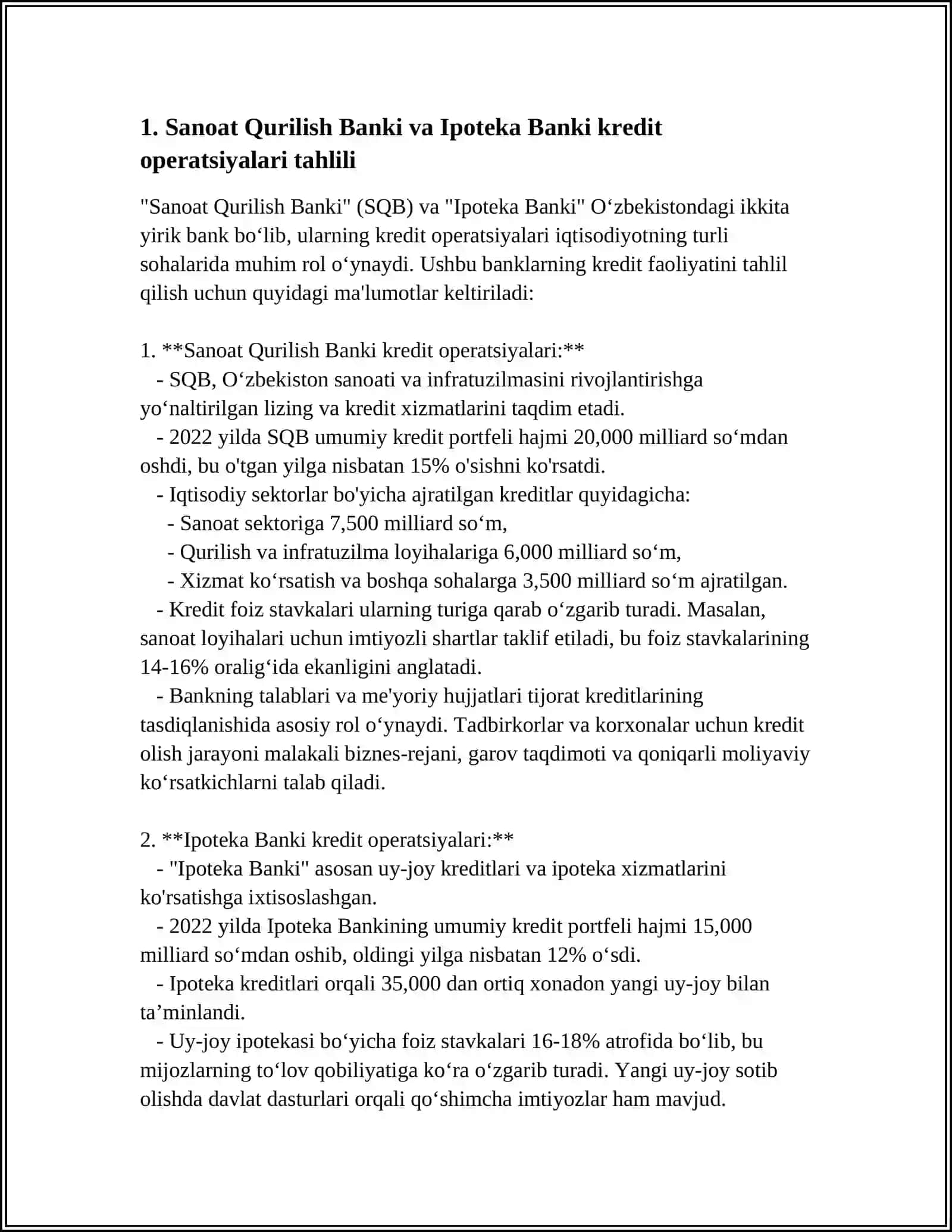 SANOAT QURILISH BANKI VA IPOTEKA BANK 10 YILLIK KREDIT VA DEPOZIT OPERATSIYALAR TAHLILI 3