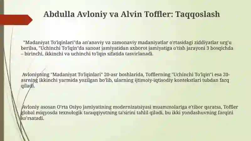 AbdullaAvloniyningʼʼMadaniyattoʻlqinlariʼʼvaE.TofflerningʼʼUchinchitoʻlqinʼʼasari 3