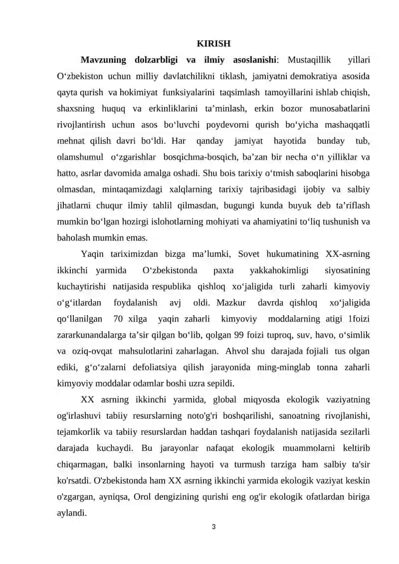 O`ZBEKISTONDA XX ASRNING IKKINCHI YARMIDA EKOLOGIK VAZIYATNING OG`IRLASHUVI VA OROL FOJIASI MAVZUSIDA YOZGAN 3