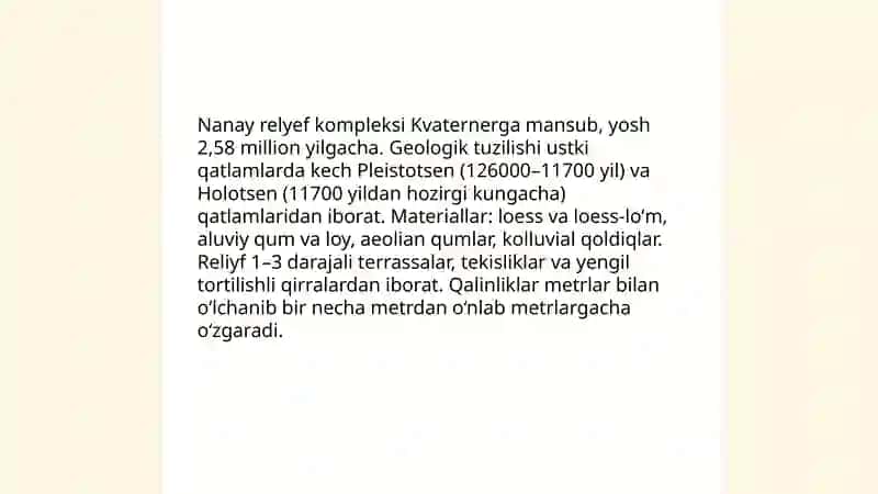 Toʻrtlamchi davr relyef komplekslari (Nanay, Toshkent, Mirzachoʻl, Sirdaryo) 3