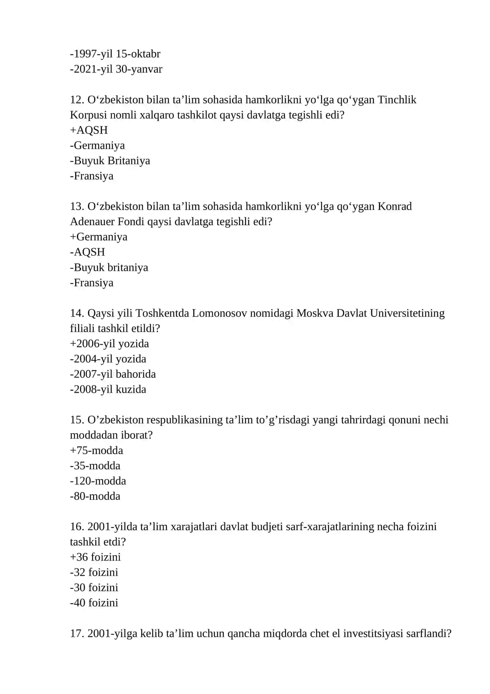 O'zbekistonning yangi tarixi fanidan yakuniy nazorat test savollari 3