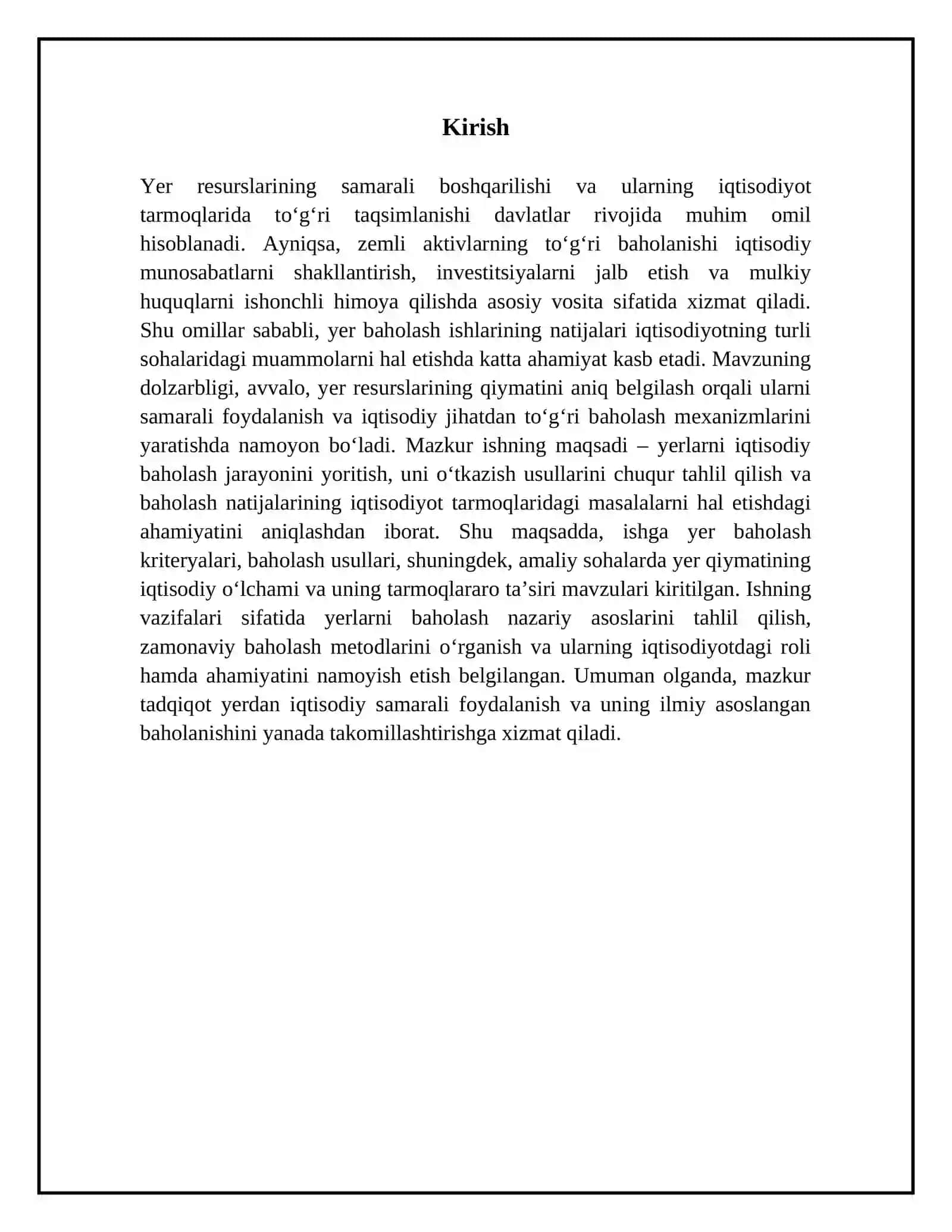 Yer baholash ishlarining natijalari iqtisodiyot tarmoqlaridagi masalalarni hal etishdagi ahamiyati. Yerlarni iqtisodiy baholash va uni o‘tkazish usullari 3