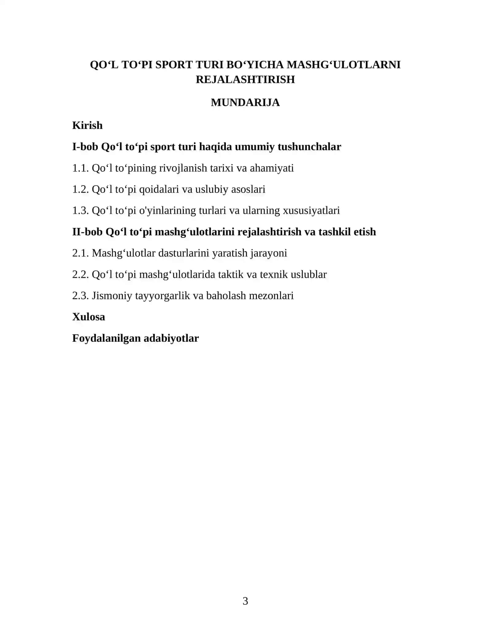 QOʻL TOʻPI SPORT TURI BOʻYICHA MASHGʻULOTLARNI REJALASHTIRISH 3