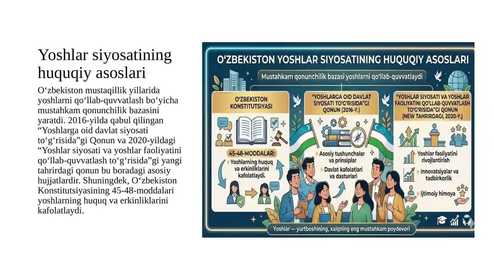 O‘zbekistonda yoshlarga oid davlat siyosati va asosiy mazmuni. Barkamol avlodni tarbiyalashning asosiy yo‘nalishlari. 3