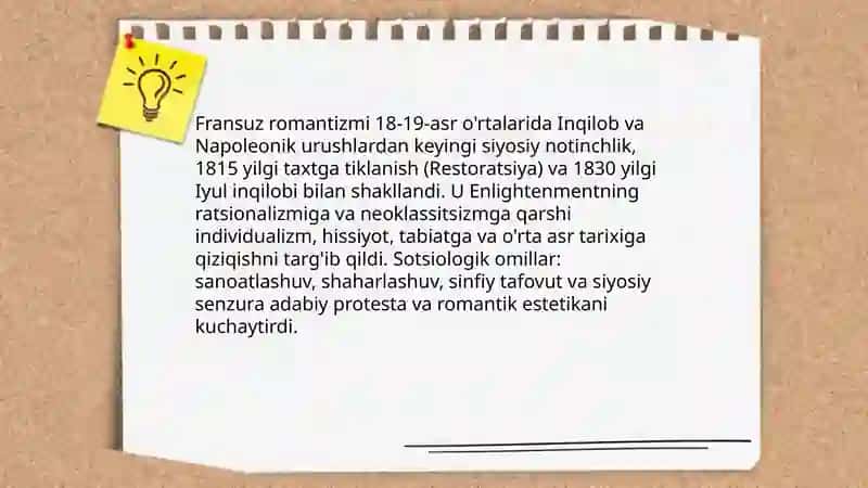 Fransuz romantizm adabiyotining ahamiyati. Angliya adabiyotida romantizm 3