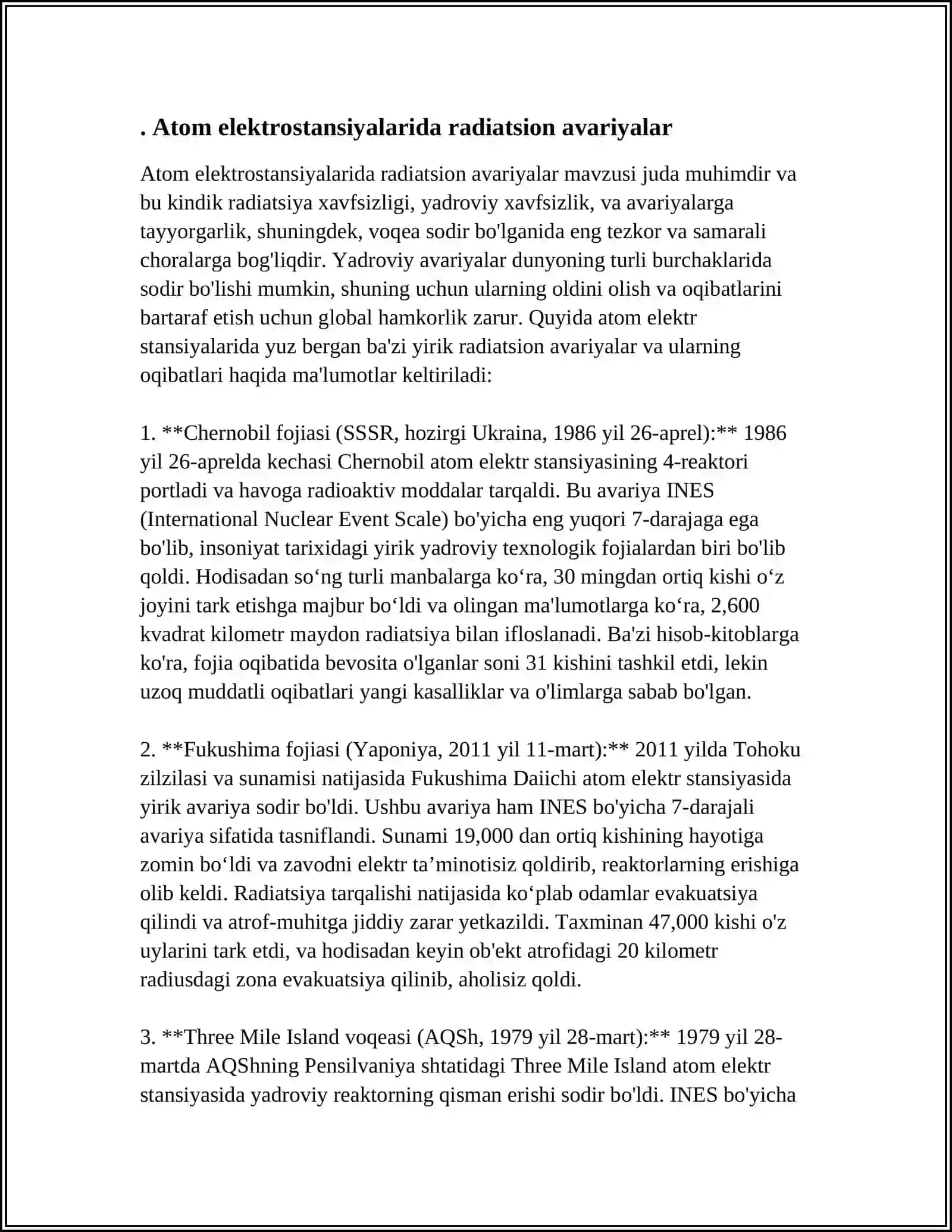 ATOM ELEKTROSTANSIYALARIDA YUZ BERISHI EHTIMOLI YUQORI BO’LGAN FAVQULOTDA HOLATLAR VA ULARNI ATROF MUHITGA ZARARLI TA’SIRI OQIBATLARI (CHERNOBIL AES DAGI AVARIYA OQIBATLARI) 3
