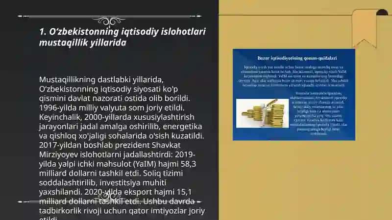 Oʻzbekistonning iqtisodiy-ijtimoiy rivojlanishi Mustaqillik yillarida Oʻzbekistonning ma'naviy va madaniy taraqqiyoti 3