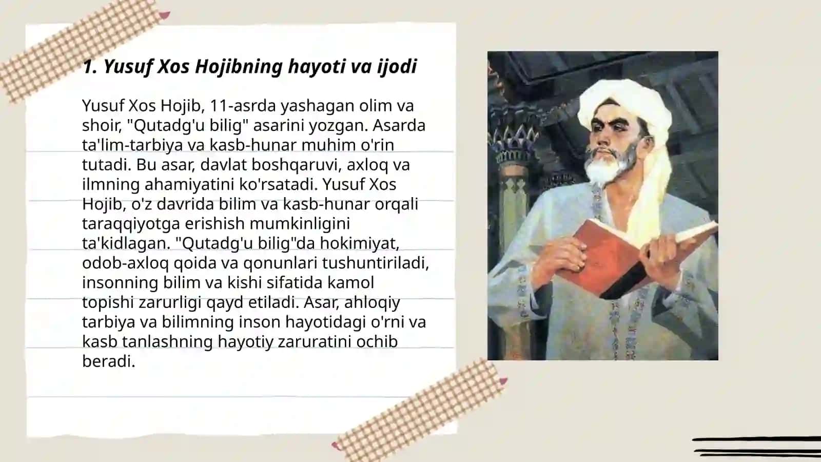 Sharq mutaffakirlarining ta'lim-tarbiya va kasb hunar haqidagi qarashlari. Yusuf Xos Hojibning "Qutadg'u bilig" asari haqida 3