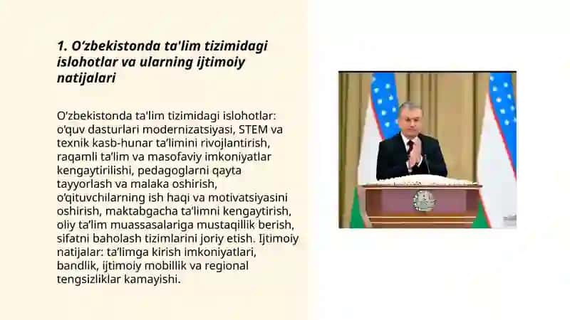 Oʻzbekistonda ijtimoiy sohada amalga oshirilayotgan oʻzgarishlarning mazmun va mohiyati 3