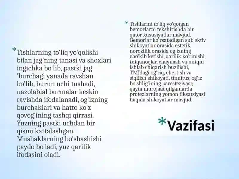 Keksalik yoshdagi bemorlarni tishlarini to'liq yo'qotilgandagi holati. Terminologiya. Tishsiz jag'larning anatomik va topografik xususiyatlari 3