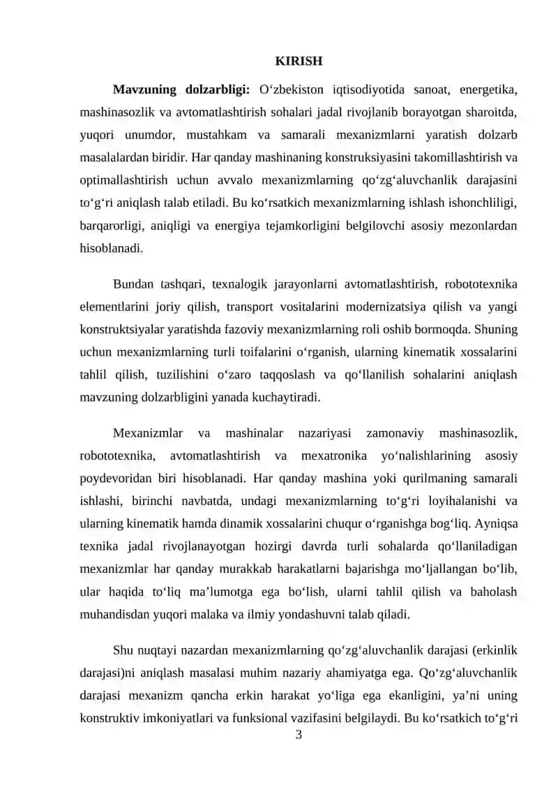 FAZOVIY VA TEKISLIKDA HARAKAT QILUVCHI MEXANIZMLARNING QO'ZG'ALUVCHANLIK DARAJASI, ULARNING KLASSIFIKATSIYASI 3