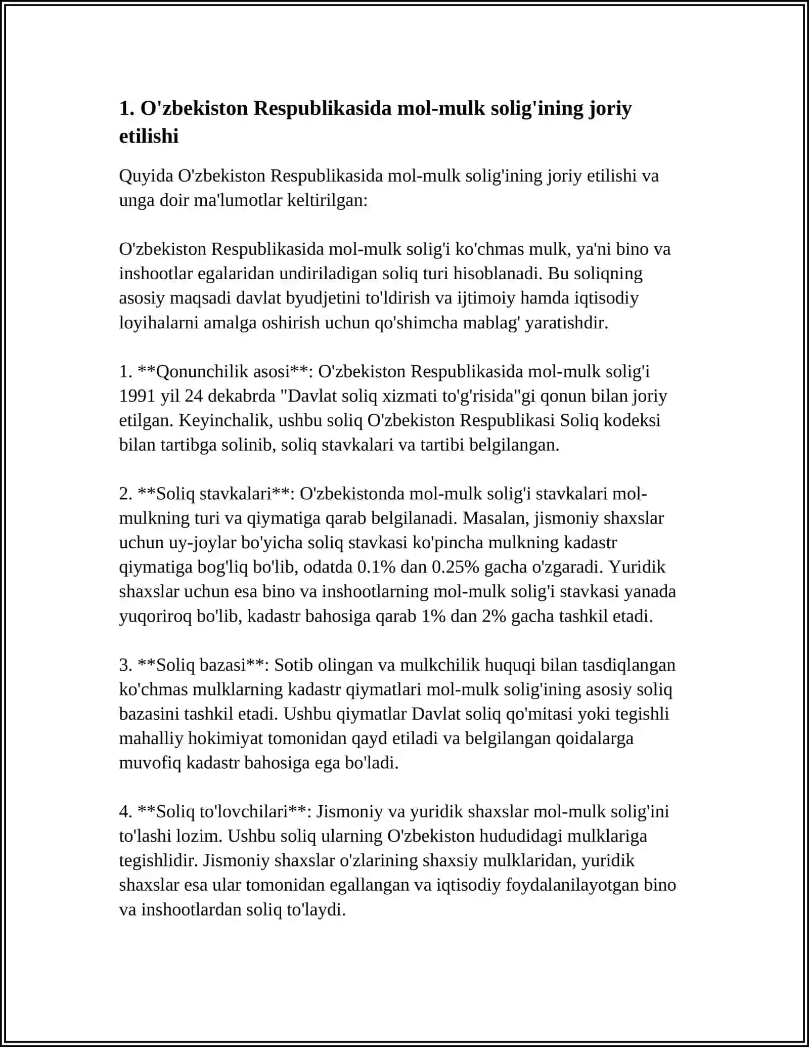 O'ZBEKISTON RESPUBLIKASI SOLIQ TIZIMIGA MOL-MULK SOLIG'INING JORIY ETILISHI VA UNING IQTISODIY MOHIYATI 3