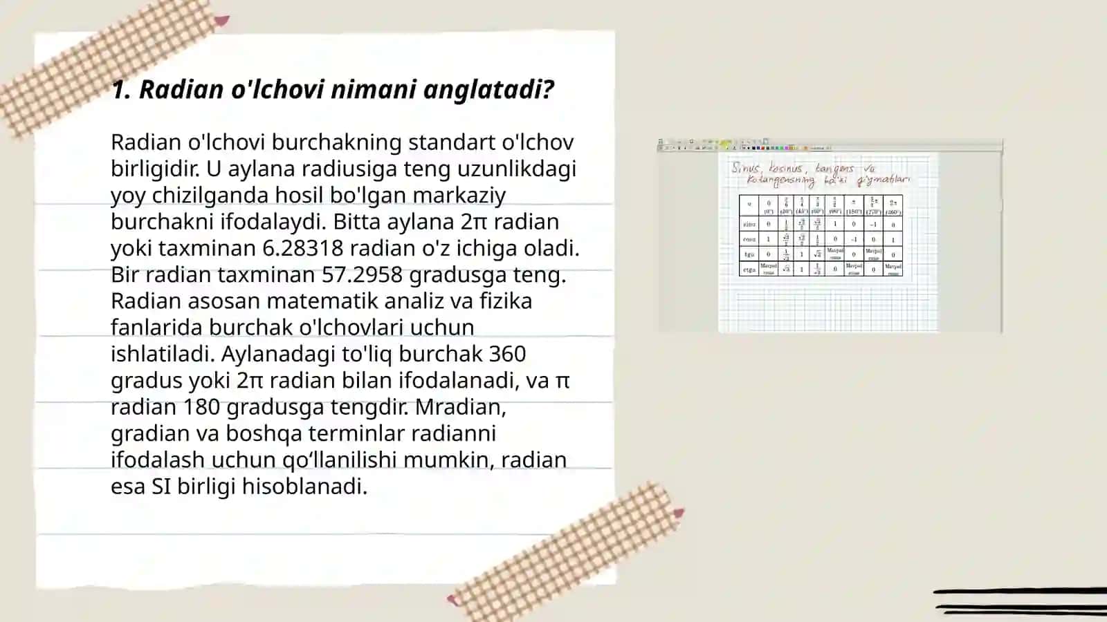 Burchakning radian o’lchovi 3